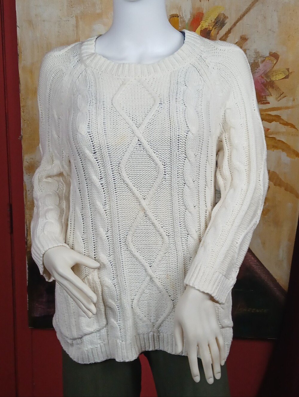 Liz Claiborne Cream Cable Knit Sweater Pockets Size S